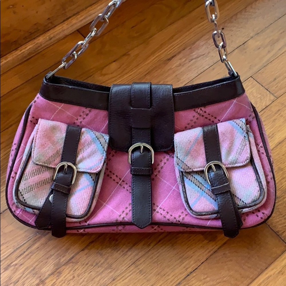 Vintage Putu brown leather/pink plaid fabric purse